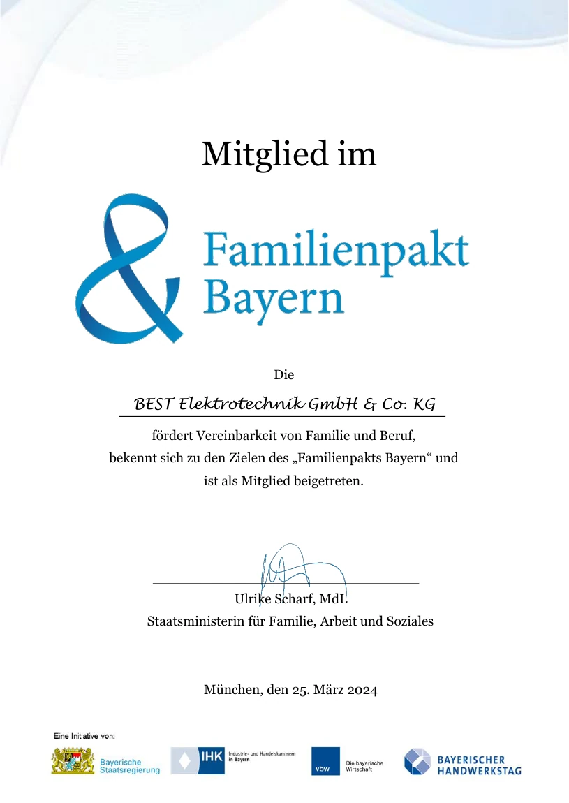 Familienpakt Bayern – Mitgliedsurkunde BEST Elektrotechnik